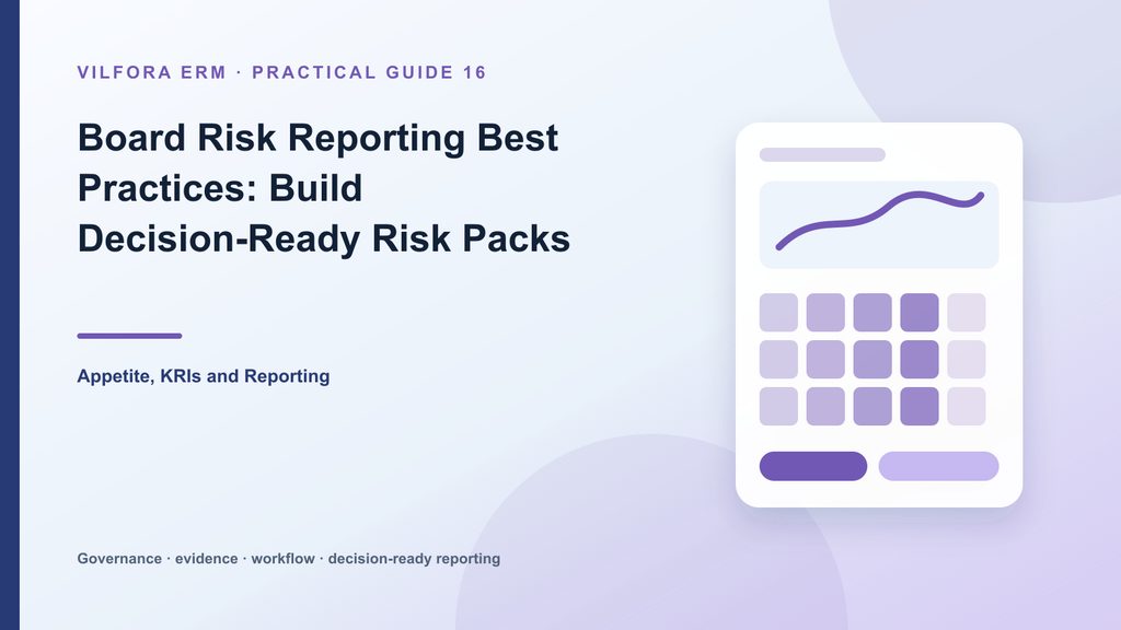 Board risk report with top risks, movement, appetite breaches, incidents, actions and decisions required