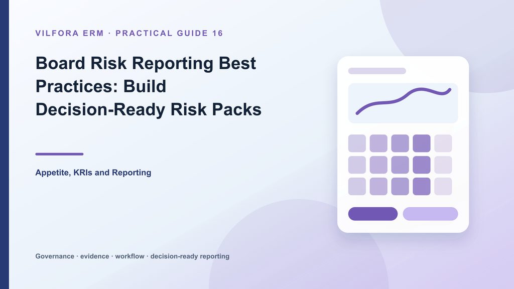 Board risk report with top risks, movement, appetite breaches, incidents, actions and decisions required