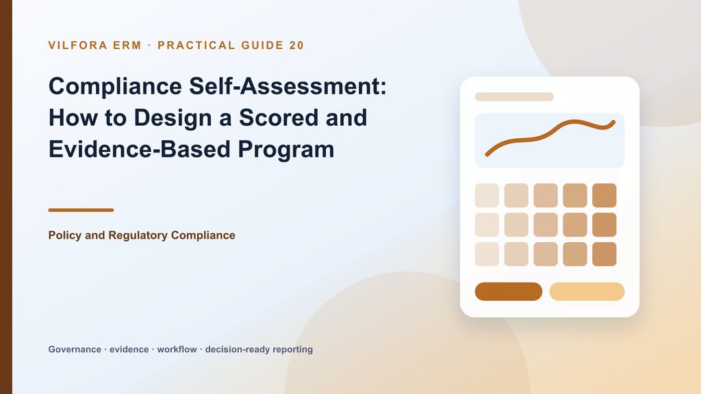 Compliance self-assessment with checklist questions, evidence, score, reviewer comments and corrective actions