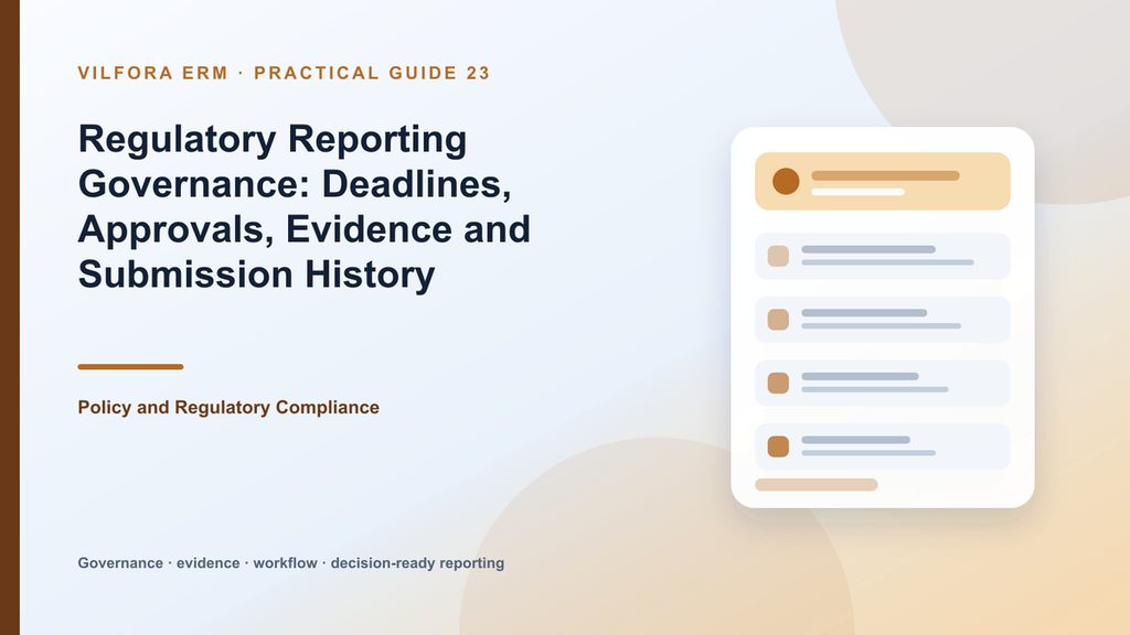 Regulatory reporting governance workflow with calendar, data validation, review, approval, submission and evidence history