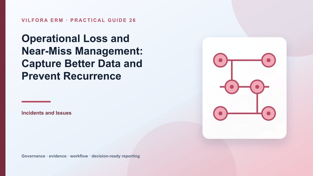 Operational loss and near-miss register with event category, gross loss, recovery, net loss, severity and linked controls