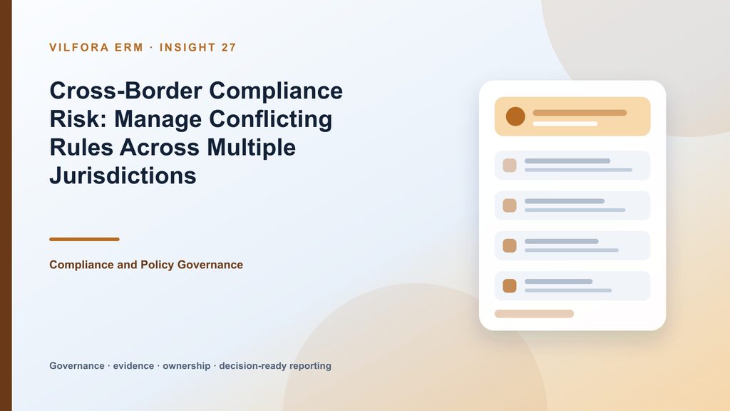 Cross-border compliance matrix mapping jurisdictions, legal entities, obligations, global controls, local overlays and conflicts
