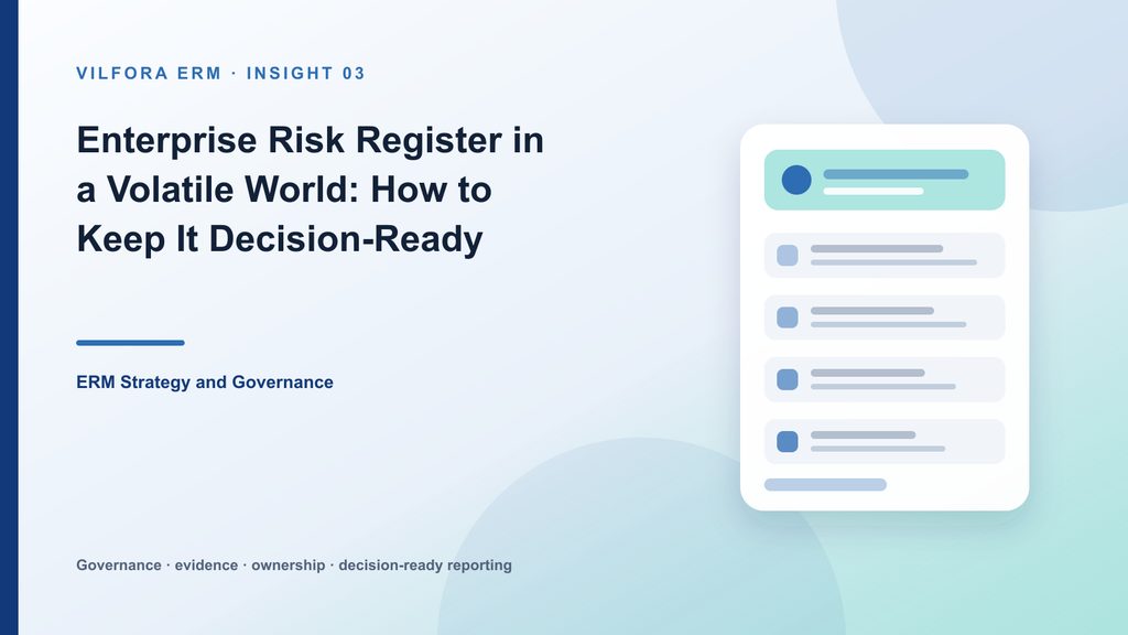 Decision-ready enterprise risk register with risk IDs, owners, controls, indicators, incidents and actions