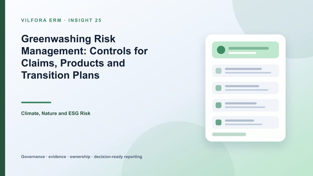 Greenwashing risk control workflow linking claims, evidence, products, approvals, metrics and monitoring
