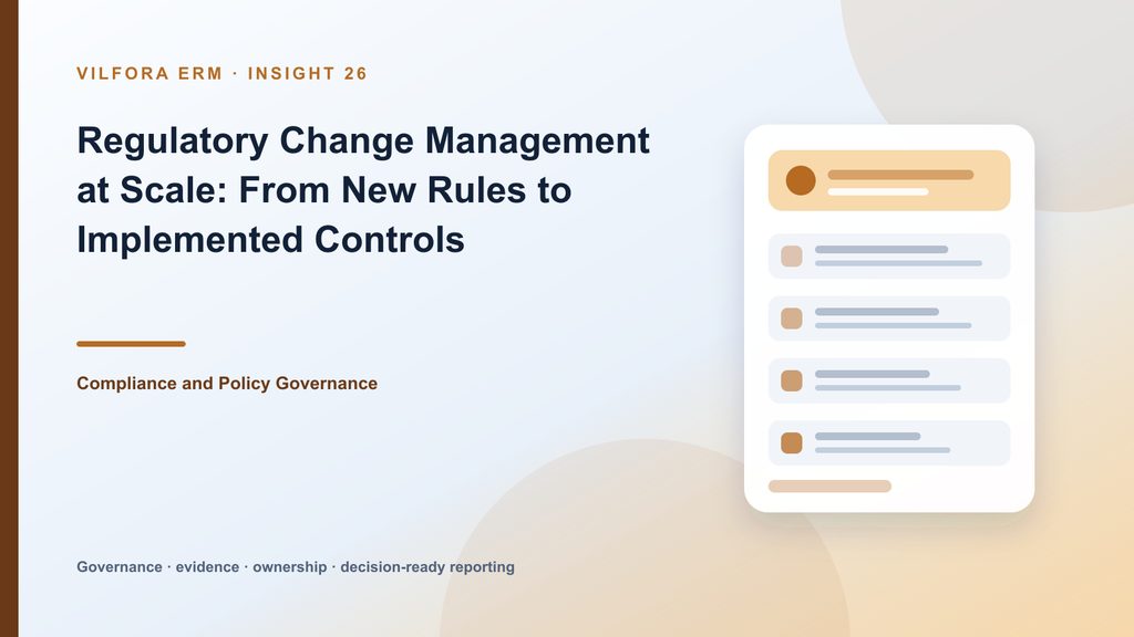 Regulatory change workflow from source and applicability through obligations, controls, actions, evidence and approval