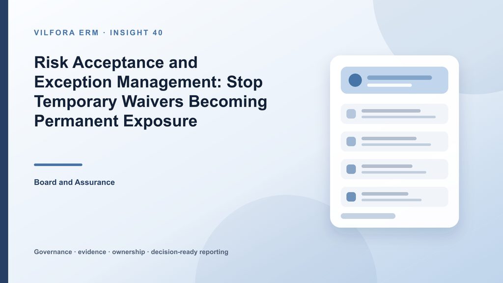 Risk acceptance workflow showing request, residual risk, compensating controls, approval, expiry, monitoring and closure