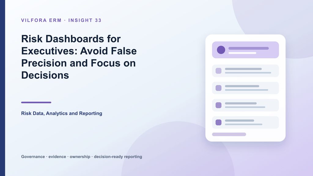 Executive risk dashboard showing top risk movement, KRI breaches, incidents, actions, confidence and decisions required