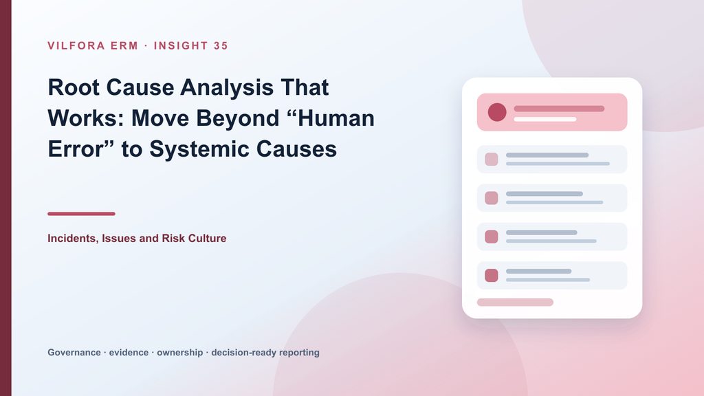 Root cause analysis diagram from incident trigger through contributing conditions, control failure, systemic cause and corrective action