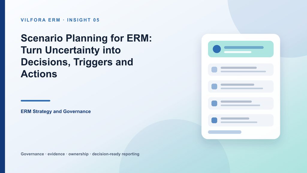 Enterprise risk scenario planning board with assumptions, triggers, decisions, impacts and response actions